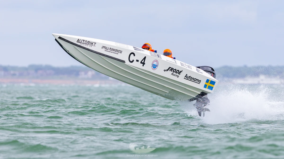 Frode Racing (C-4, Anton Modin / Jakob Balter) airborne on the Solent during the 2026 MDL Marinas Shamrock Round the Island