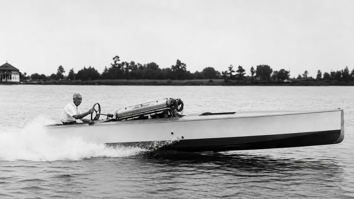 Gar Wood at the wheel of Miss America, 1927, the Silver Fox who won the Harmsworth Trophy nine times