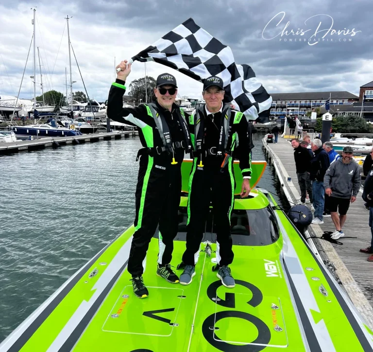 Rob Lockyer and Adrian de Ferrenti celebrate victory on Good Boy Vodka at the 2026 MDL Marinas Shamrock Round the Island
