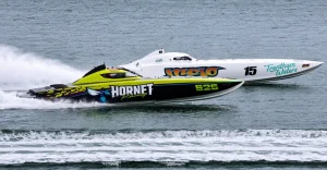 Hornet Racing and MOJO battle at Port Adelaide during the 2025/26 Australian Offshore Superboat Championship finale