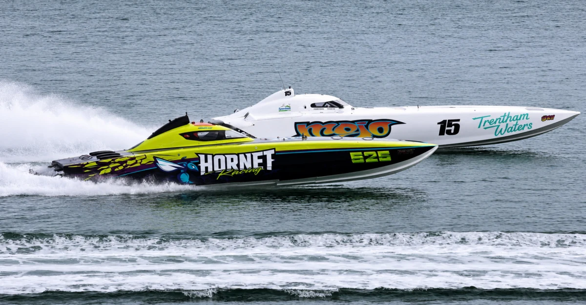 Hornet Racing and MOJO battle at Port Adelaide during the 2025/26 Australian Offshore Superboat Championship finale