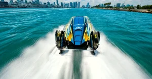 Blue and yellow IHRA powerboat with twin MOD X engines at speed on Biscayne Bay with Miami skyline