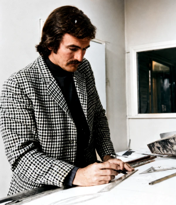 James Beard, co-founder and designer of Cougar Marine, at his drawing board