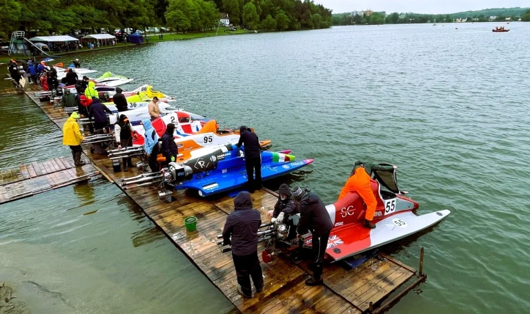 Boats lined up on the pontoon at Jedovnice lake ahead of the 2026 Hydro GP