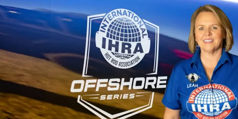 Leah Martin, IHRA president, in front of IHRA Offshore Series branding