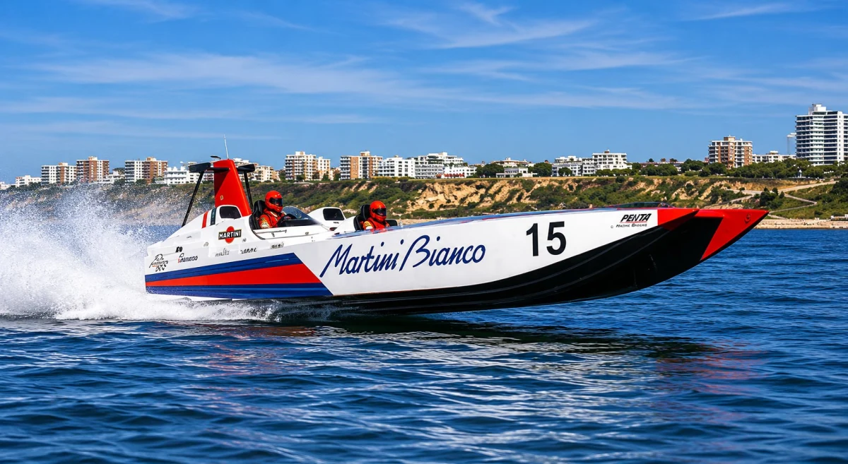 Martini Bianco offshore powerboat number 15 at speed