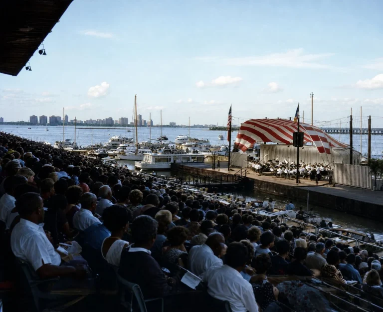A packed crowd watches a concert on the floating stage at Miami Marine Stadium in the 1960s - AI-colourised historical photograph