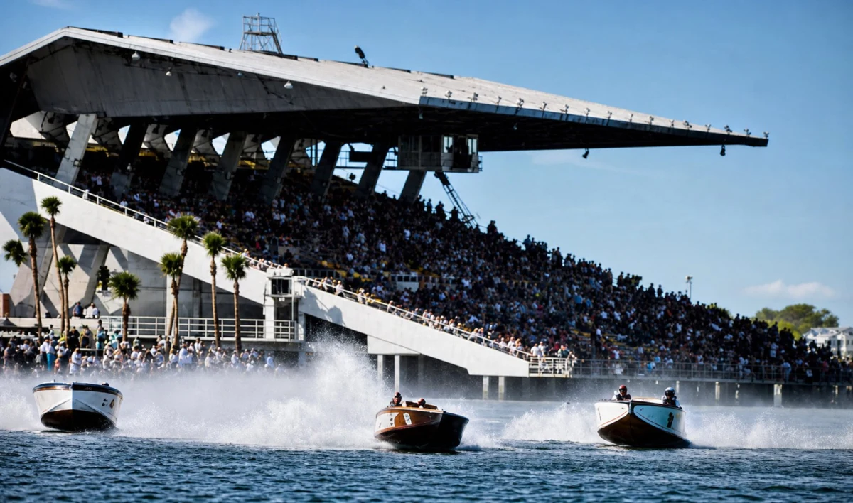 Powerboats race past the full grandstand at Miami Marine Stadium in the 1960s - AI-colourised historical photograph