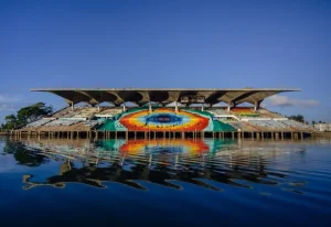 Miami Marine Stadium on Virginia Key, closed since 1992, with colourful graffiti art covering the grandstand seating