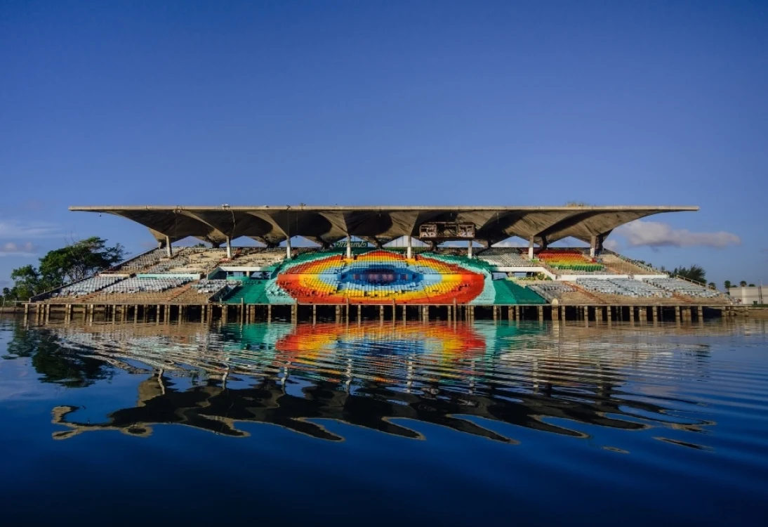 Miami Marine Stadium on Virginia Key, closed since 1992, with colourful graffiti art covering the grandstand seating