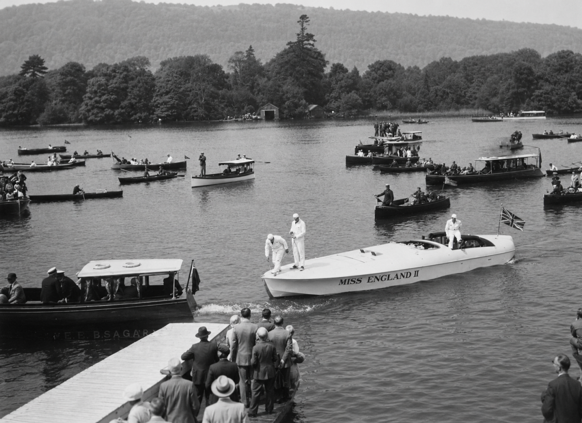 Miss England II on Windermere, 13 June 1930, Sir Henry Segrave broke the world water speed record and died on the same afternoon
