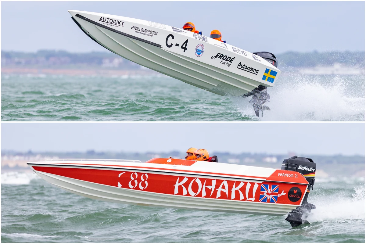 Frode Racing (C-4, Anton Modin) airborne above Kohaku (C-88, Gary Aldington) — 2026 MDL Marinas Shamrock Round the Island