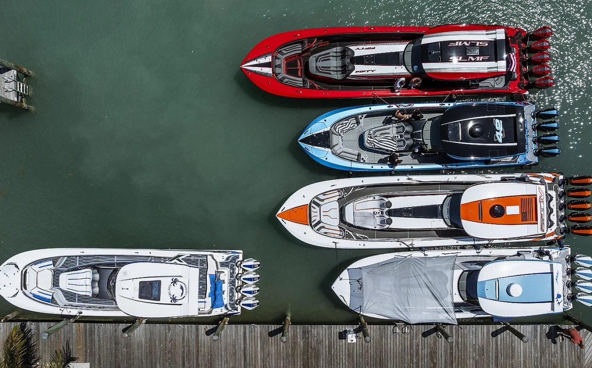 Aerial view of MTI performance boats docked during the 2026 Bahamas Run