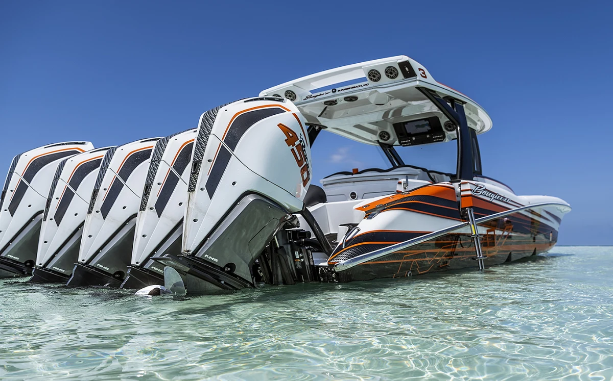 MTI center console with five Mercury Racing 400R outboards on a Bahamas sandbar