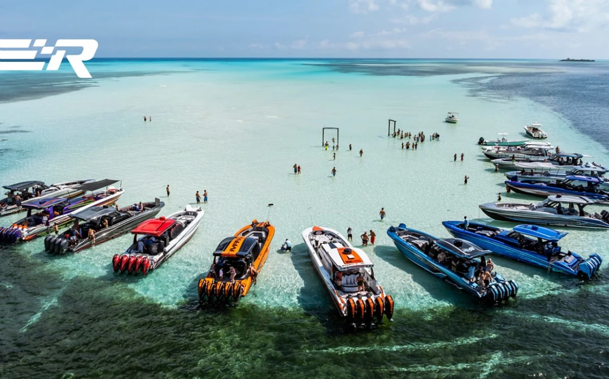 MTI performance boats at a Bahamas sandbar during the 2026 MTI Bahamas Run