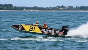 The Mariner-powered Pobjoy Mint Two — Peter Bloomfield's offshore Class 3D Stapley catamaran in 1980