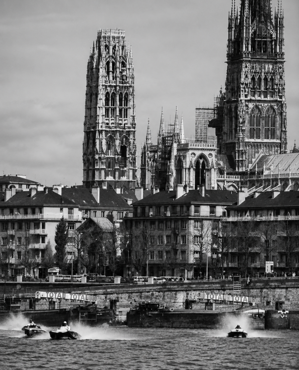 Rouen Cathedral rising above the Seine, in whose shadow Joan of Arc was burned in 1431 - the backdrop to the 1976 Rouen 24 Hours course on the Ile Lacroix