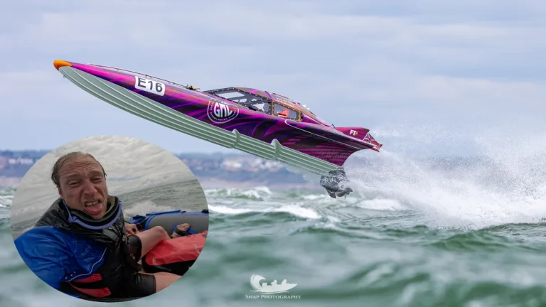 William Evans of Snap Photography with the GMC E16 airborne in the background at the MDL Marinas Shamrock Round the Island 2026