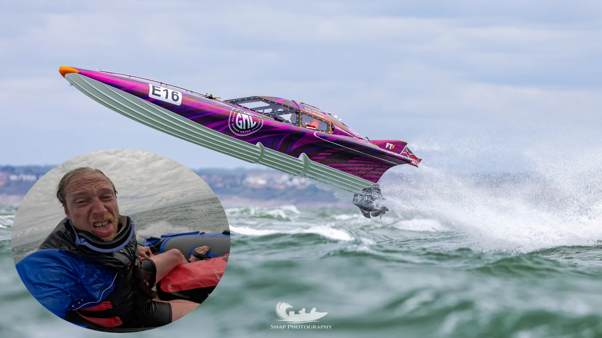 William Evans of Snap Photography with the GMC E16 airborne in the background at the MDL Marinas Shamrock Round the Island 2026