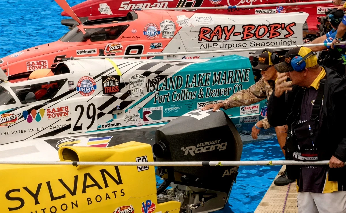 IHRA F1 Powerboat Series boats on the start dock at the 2026 Red River Rumble, Shreveport. #29 Jared Jensen, #52 Chris Rinker and #8 Jeremiah Mayo