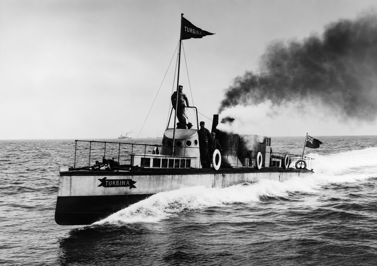 Turbinia at speed at Spithead, 1897 — Charles Parsons' turbine-powered vessel