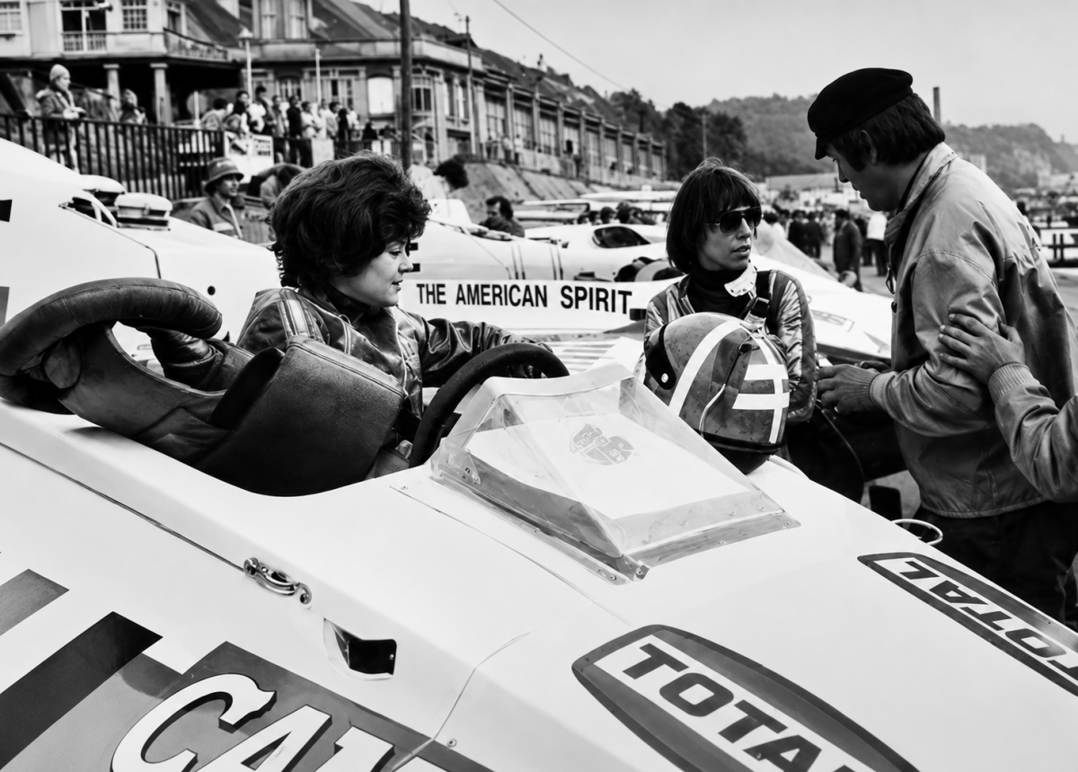 Two members of the all-girl team of Bella Covill, Claudine Courchia and Gabrielle Corti in their Johnson-powered Clerici catamaran, which finished fourth overall at the 1976 Rouen 24 Hours on the Seine