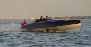 SpiritBARTech F35 foiling on the Solent during the Harmsworth Electric Boat Challenge