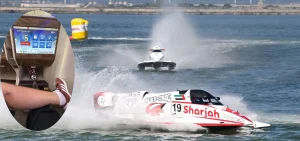 Grant Trask on the flight home after finishing second at the Regione Sardegna Grand Prix of Italy 2026 in Cagliari, with his Sharjah Team boat number 19 in the background