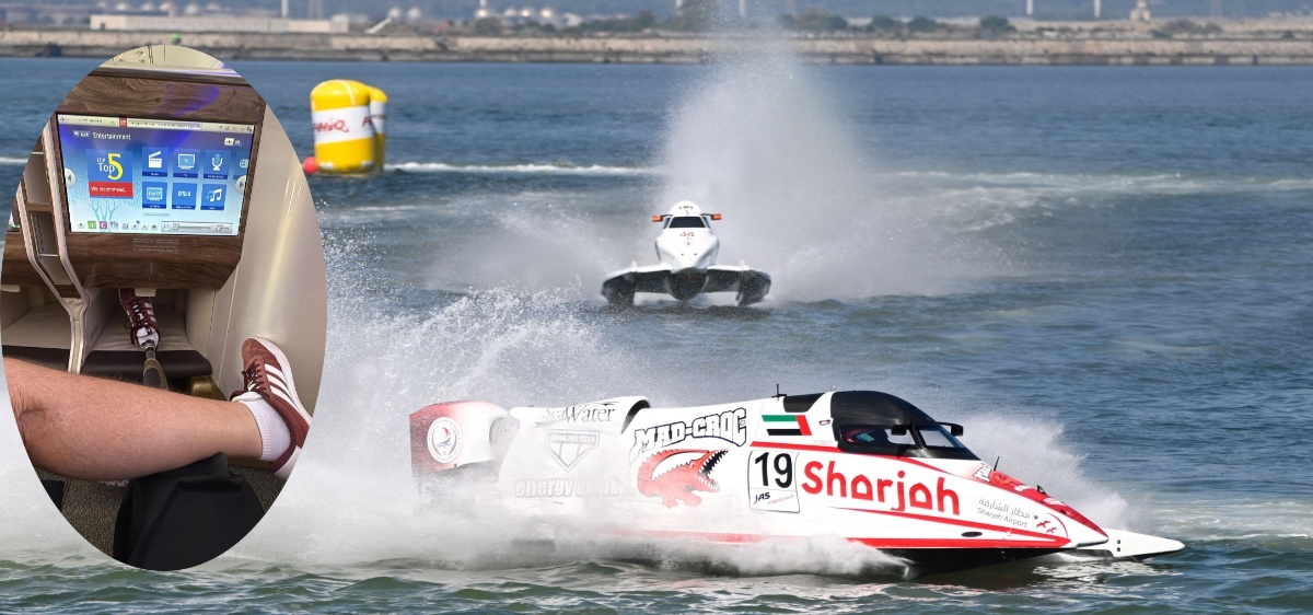 Grant Trask on the flight home after finishing second at the Regione Sardegna Grand Prix of Italy 2026 in Cagliari, with his Sharjah Team boat number 19 in the background