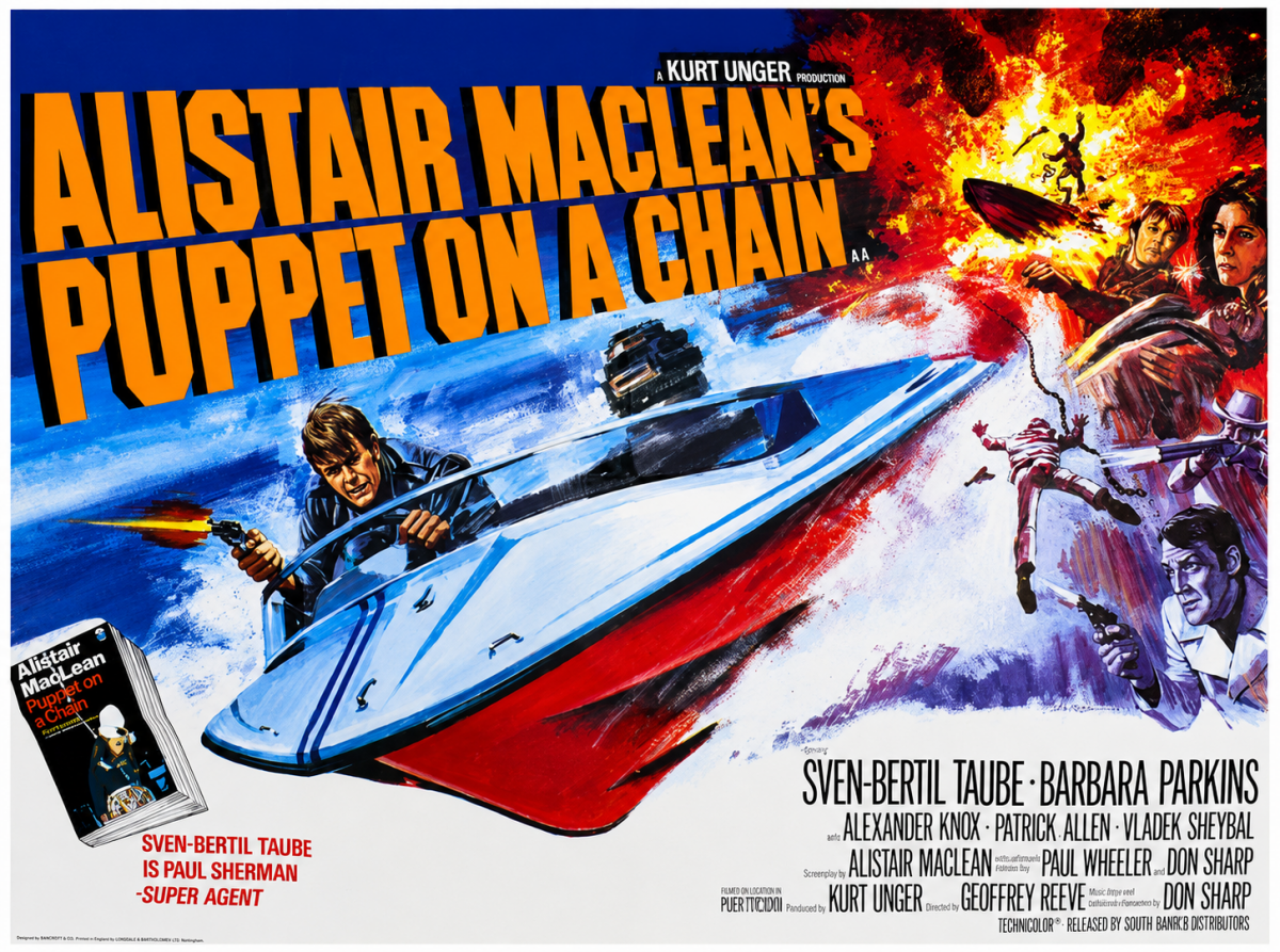 Original UK quad film poster for Alistair MacLean's Puppet on a Chain (1971), featuring the Shakespeare speedboat boat chase through Amsterdam's canals