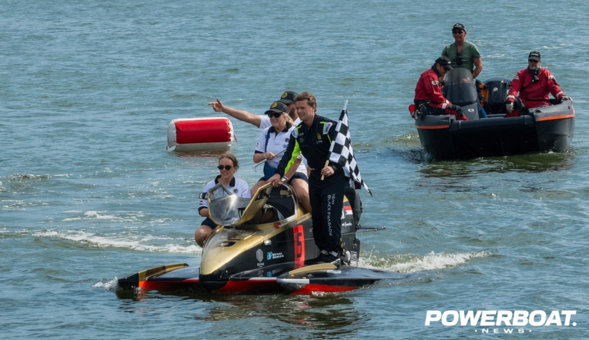 Adam Wrenkler celebrates his UIM F4 Grand Prix of Lithuania 2 win with his family on the Dane River, Klaipeda, June 7, 2026