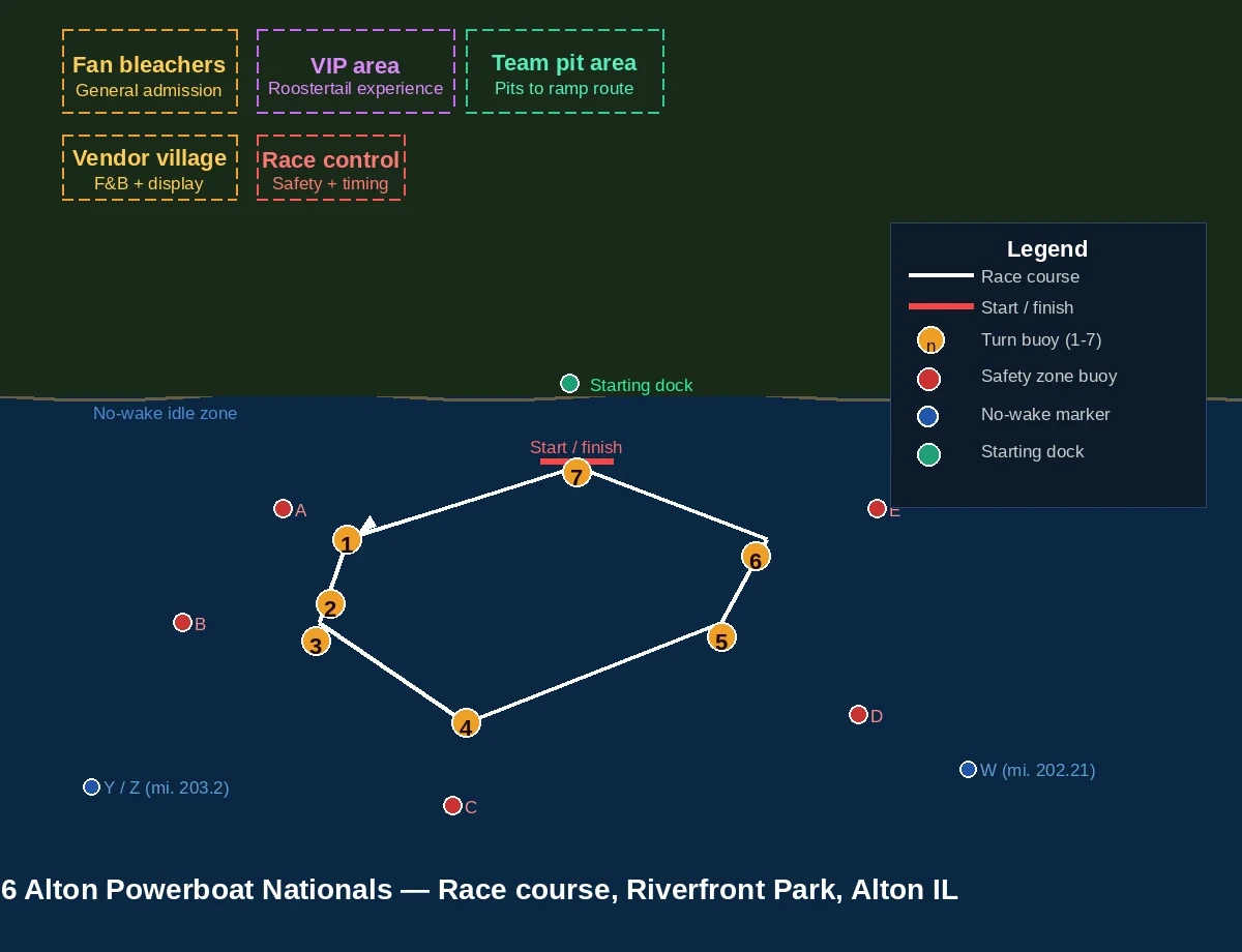 2026 Alton Powerboat Nationals race course schematic - 7-turn circuit on the Mississippi River