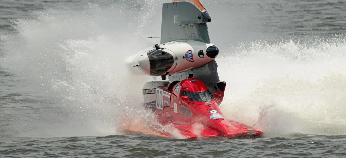 Jake McKee #01 Formula Light boat airborne after contact with Brandon Bobalik #60 on the final turn mark at the Battle on the Colorado 2026