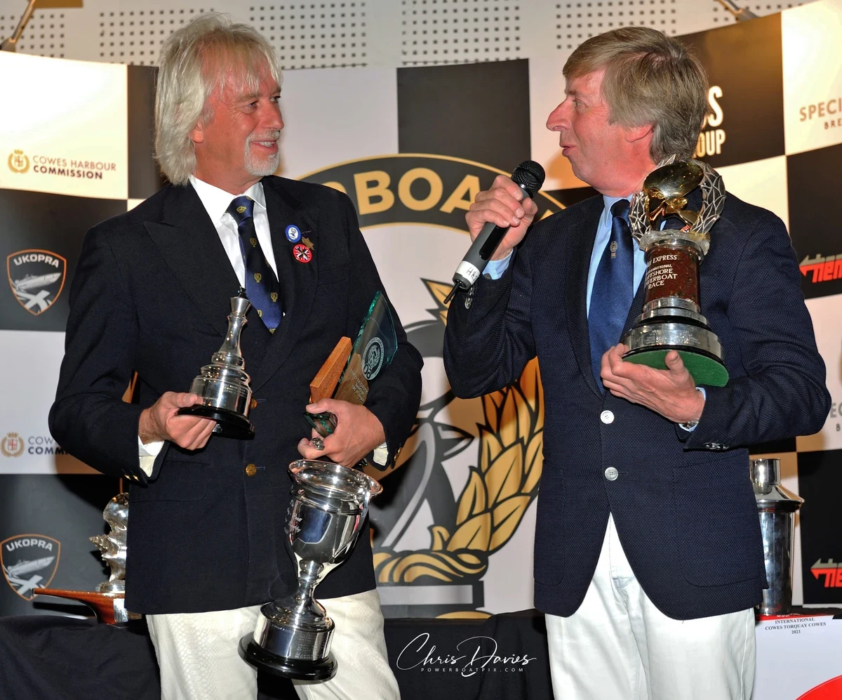 Miles Jennings and Drew Langdon at the Cowes Torquay Cowes prize giving, 2021