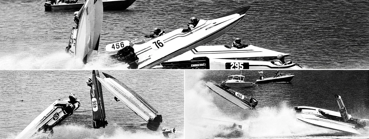 Three tunnel boats airborne simultaneously at the OPC Closed Course National Championships at Miami Marine Stadium, 1975.