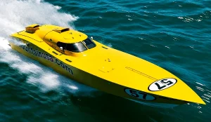 Fountain USA No. 57 yellow superboat at speed, 2000.