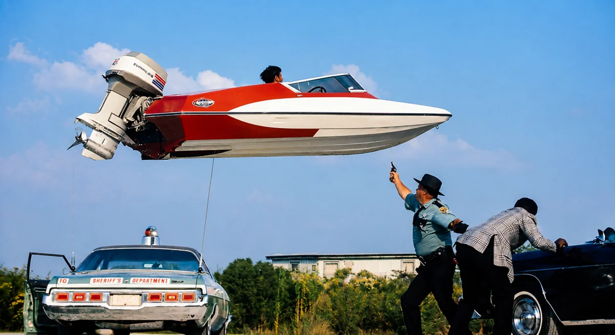 Glastron GT-150 airborne during the Live and Let Die boat jump stunt, Louisiana 1972