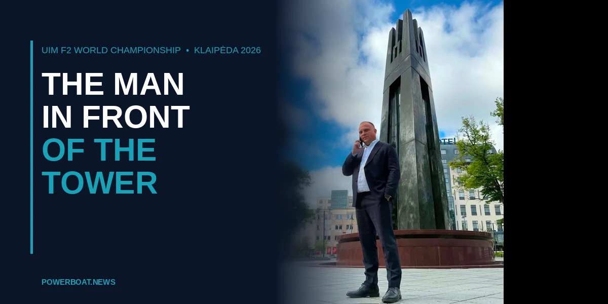 Karolis Ramoška, President of the Lithuanian Motorboat Federation, in front of the Bokštas sculpture in Klaipėda's Old Town, June 2026