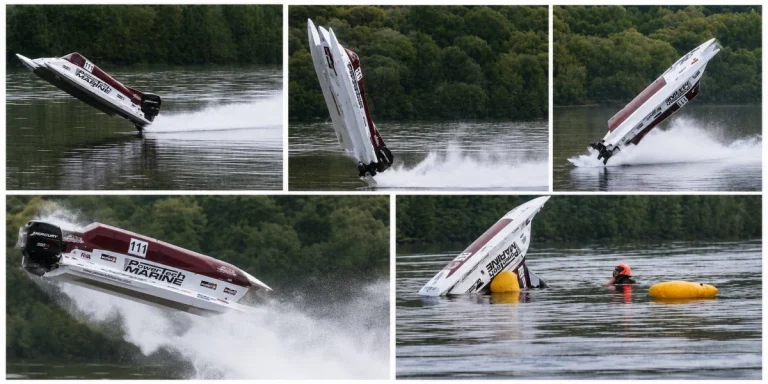 Keith Whittle's PowerTech Marine F2 cat flips at Coniston Records Week 2013, sequence of five frames