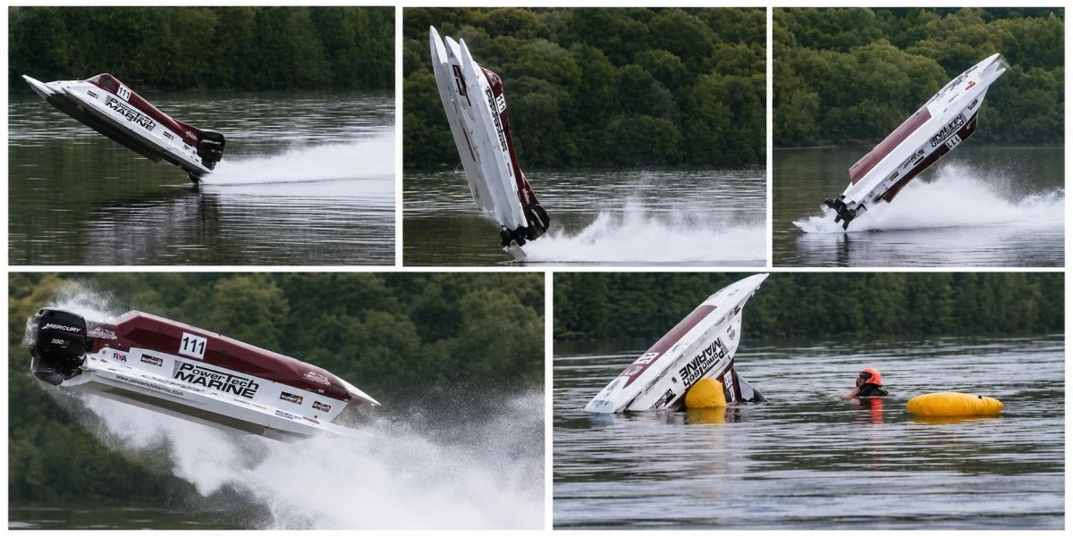 Keith Whittle's PowerTech Marine F2 cat flips at Coniston Records Week 2013, sequence of five frames