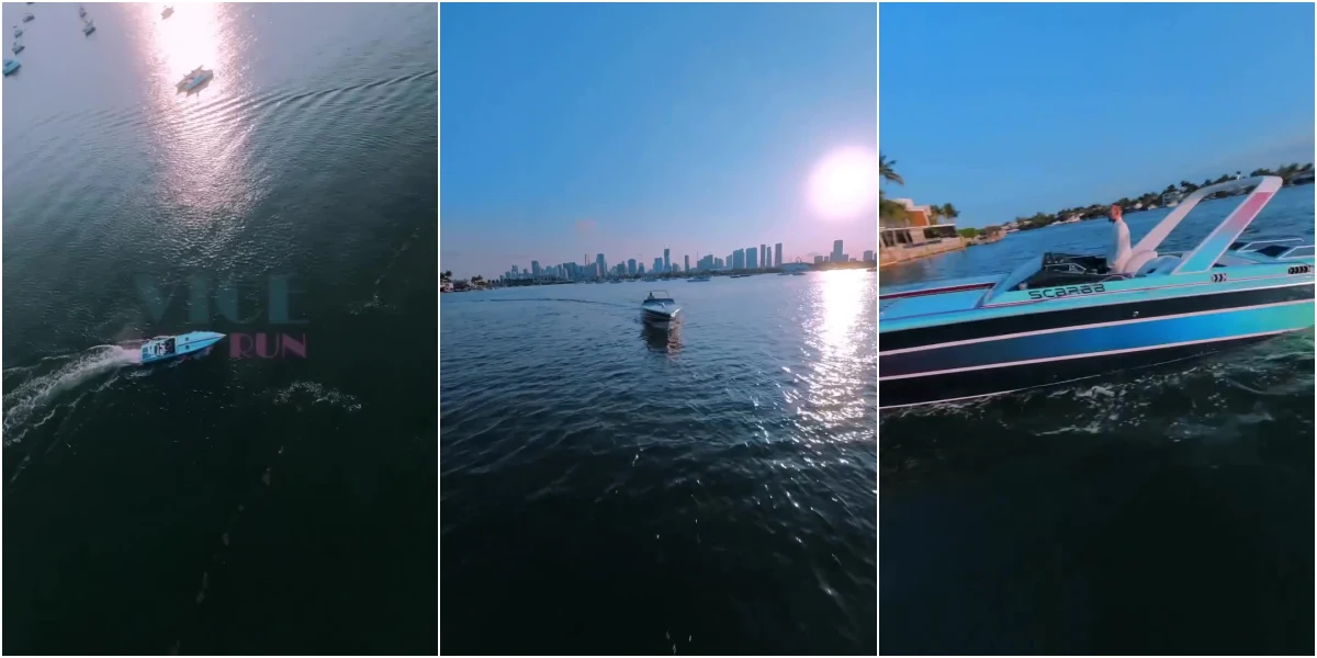 Lewis Hamilton at the helm of Gustavo Morales's 1986 Wellcraft Scarab 38KV on Biscayne Bay, Miami