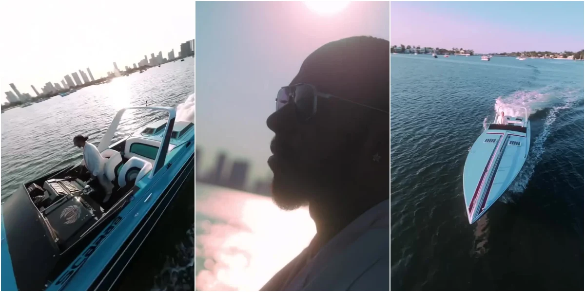 Lewis Hamilton aboard the 1986 Wellcraft Scarab 38KV on Biscayne Bay during Miami Grand Prix weekend 2026