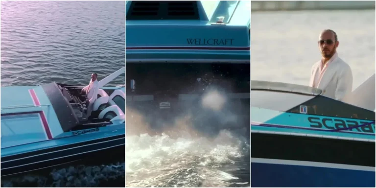 Lewis Hamilton with Gustavo Morales's 1986 Wellcraft Scarab 38KV Miami Vice Edition on Biscayne Bay
