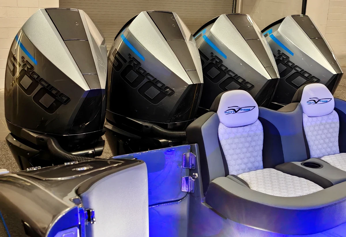 Four Mercury Racing 500 outboards on an MTI performance boat at the Miami International Boat Show, February 2026
