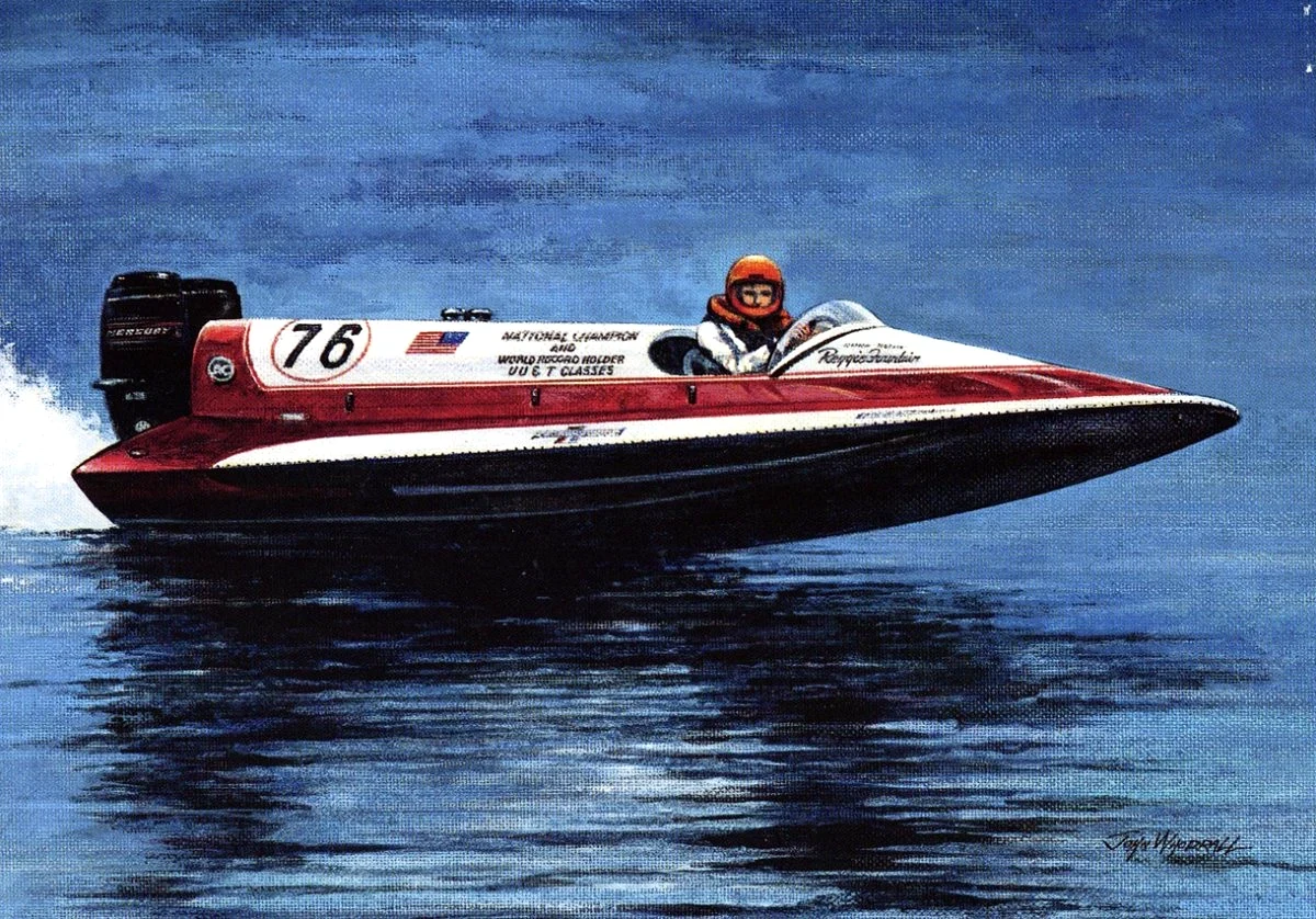 Reggie Fountain in the No. 76 Mercury tunnel hull, National Champion and World Record Holder in UU and T classes. Artist unknown.