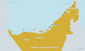 Map of the United Arab Emirates showing Sharjah, Dubai and Fujairah - venues for the 2026 powerboat racing winter season