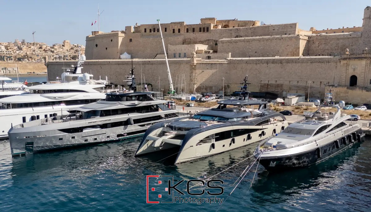 Heed, Seawolf X and Flying Dagger berthed side by side beneath the fortifications at Grand Harbour Marina, Malta