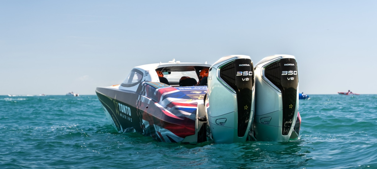 Twin Honda BF350 V8 outboards fitted to 66 Racing's Tonto Marine-sponsored offshore raceboat
