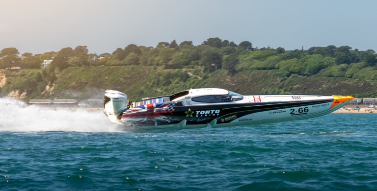 66 Racing's Honda BF350-powered offshore raceboat, sponsored by Tonto Marine, at speed in 2026