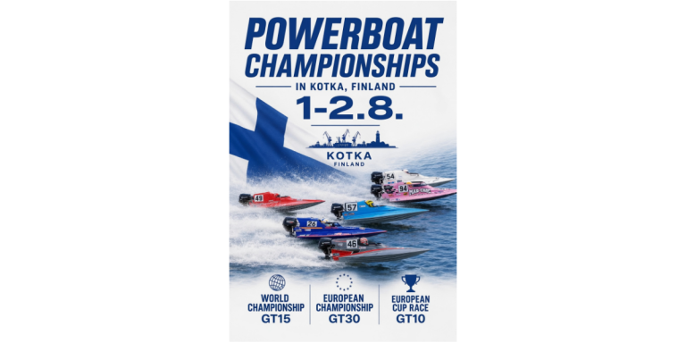 Poster for the 2026 Kotka Powerboatrace in Finland showing GT10, GT15 and GT30 circuit boats racing